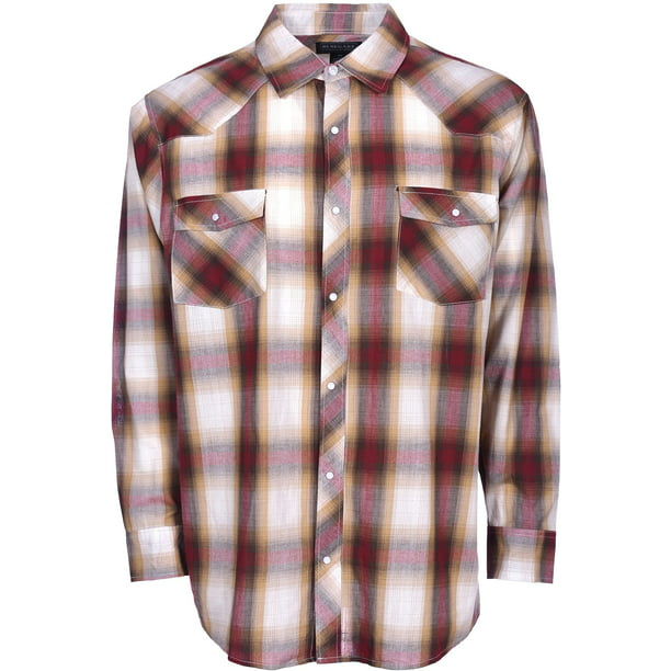 YUNY Men Business Long-Sleeve Casual Plaid Button Down Western Shirt Wine Red L 